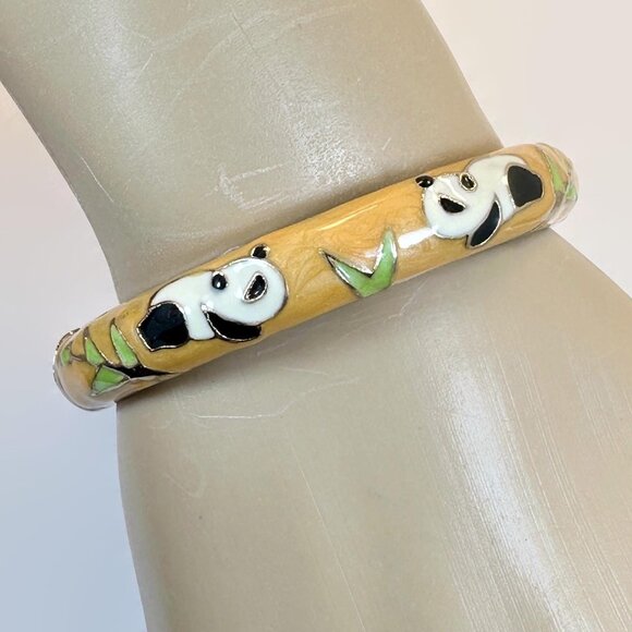 Panda Bracelet, Bangle, Enamel, Orange, Black, White, Gold, Clamper, Vintage - Picture 3 of 5